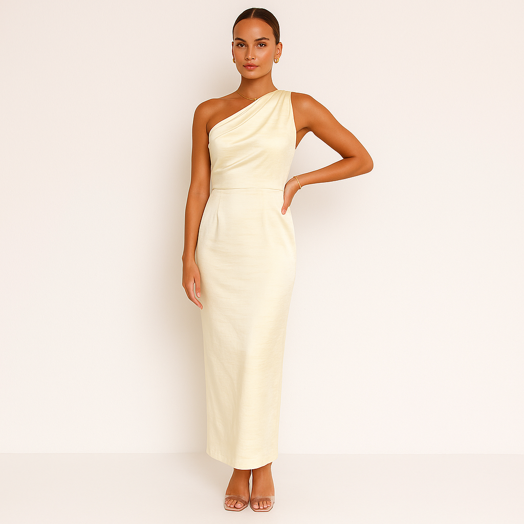 Elegant Satin One-Shoulder Midi Dress with Draped Bodice